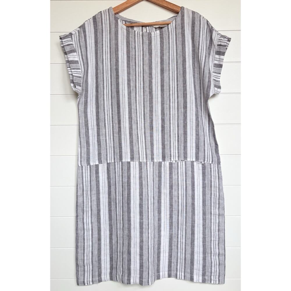 Garnet Hill Meraki Linen Shift Dress Gray White Stripe European Flax Coastal M - Picture 2 of 14
